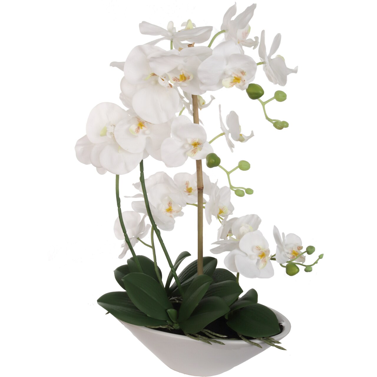 19" White Phalaenopsis Orchid - Faux Arrangement, White Ceramic Boat Vase, Elegant Decor for Home, Office & Events - Perfect Year-Round Accent, Floral Home by Artificial Flowers